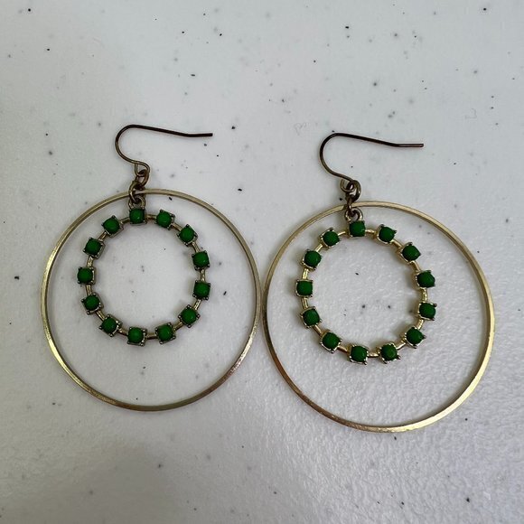 Green Rhinestone Earrings Gold Tone‎ Hoop Dangle Big Circle - Picture 1 of 6